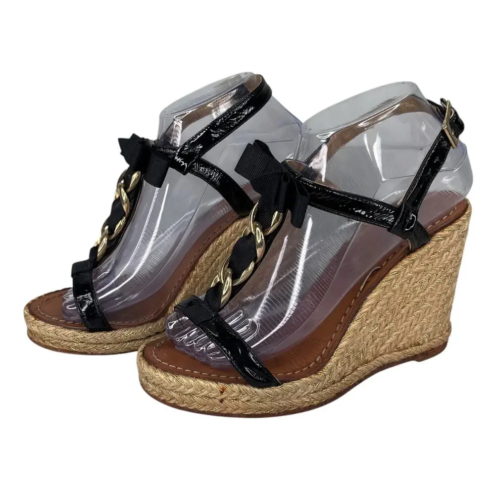 Kate Spade Espadrille Sandals Black 8 Bow Gold Chain